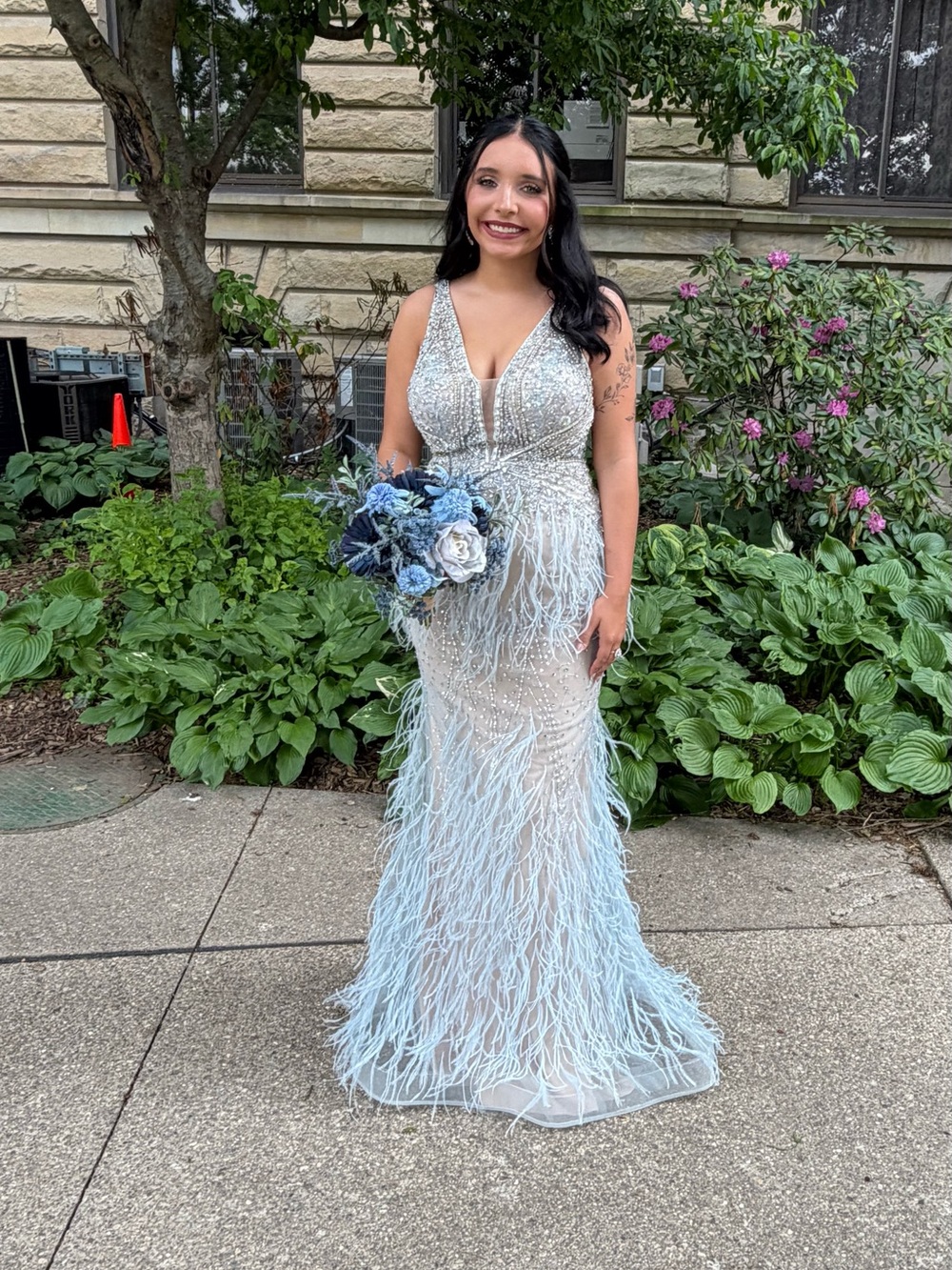 Jovani Light Blue Beaded Feather-Trim Prom Gown - Picture 1 of 1